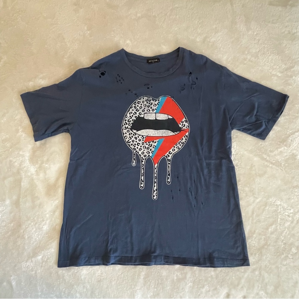 Zutter USA Black Lightening Bolt Dripping Lips Distressed Tee Shirt Men’s Size L